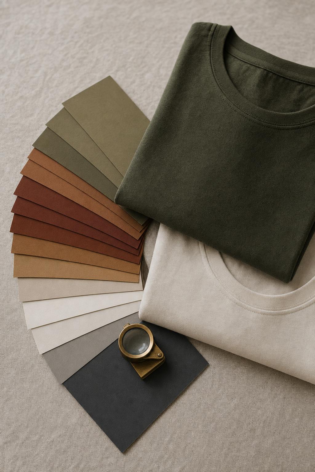 A color-atelier desk with a fanned arc of swatch cards, a brass loupe, and two folded tees in olive and bone on linen
