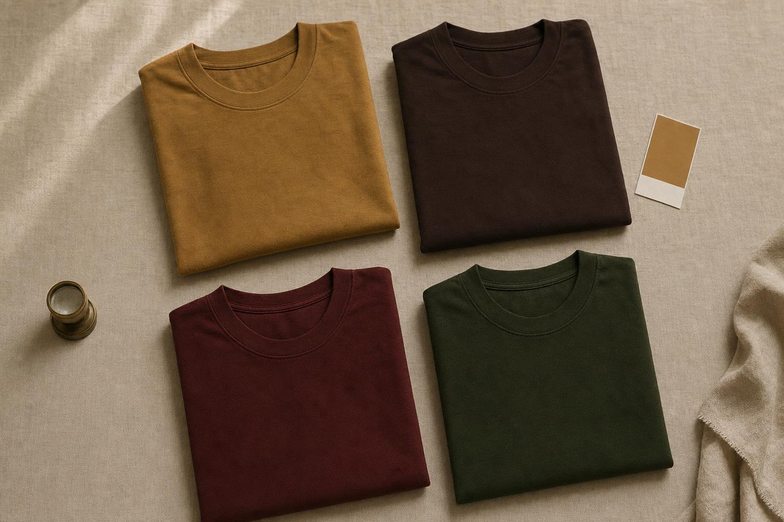 Folded men's cotton tees in the Dark Autumn palette