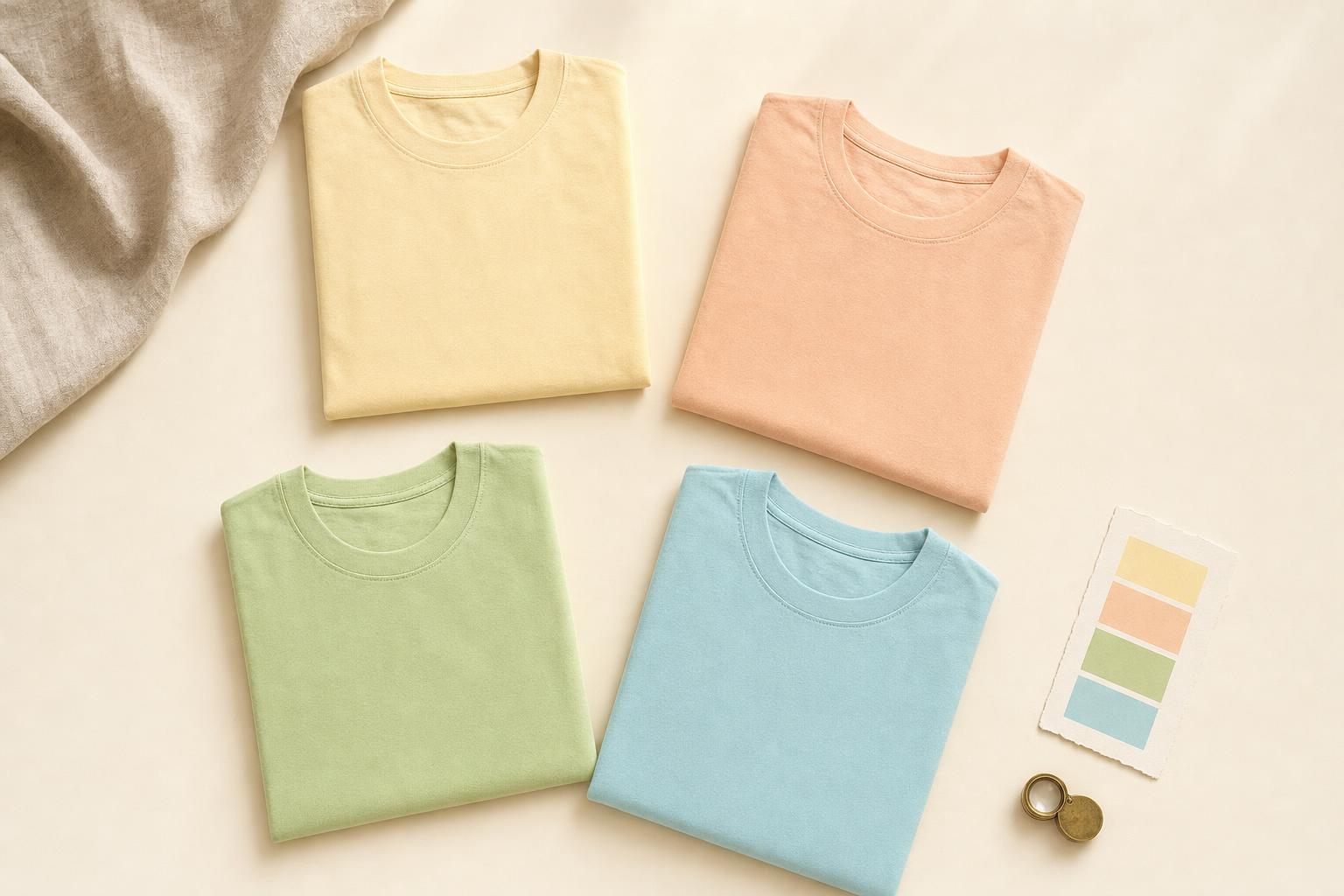 Folded men's cotton tees in the Light Spring palette