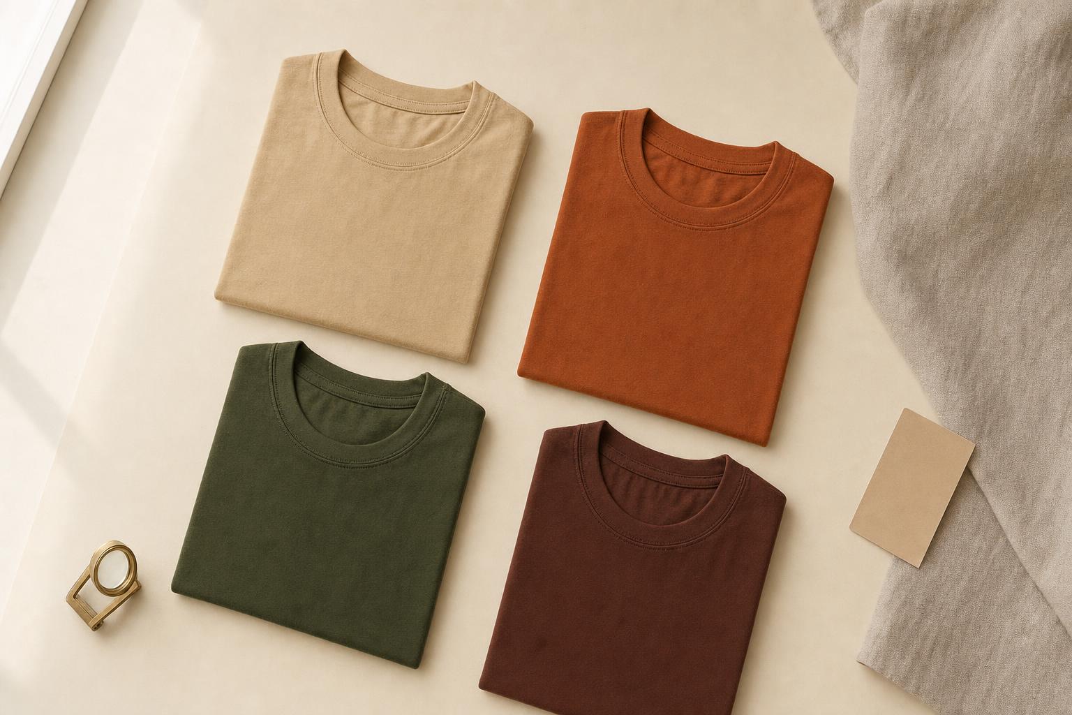 Folded men's cotton tees in the True Autumn palette