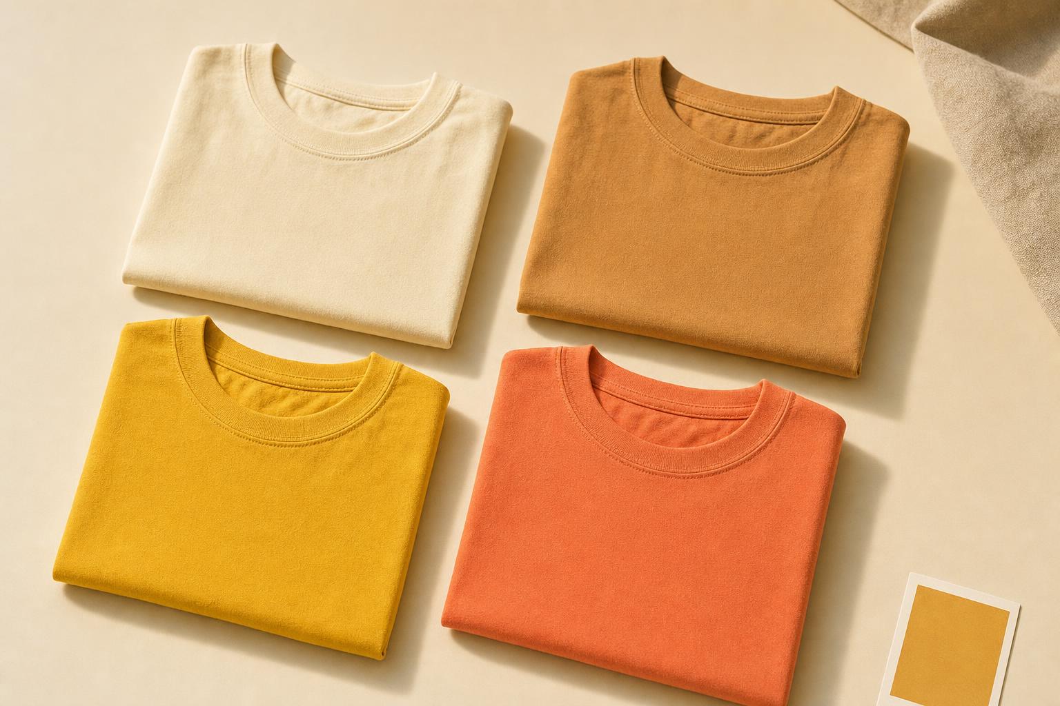 Folded men's cotton tees in the True Spring palette
