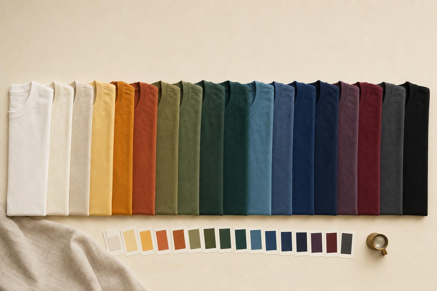 A long row of folded cotton tees flowing through the full color spectrum, from cream and gold through rust, olive, teal, navy and burgundy to charcoal