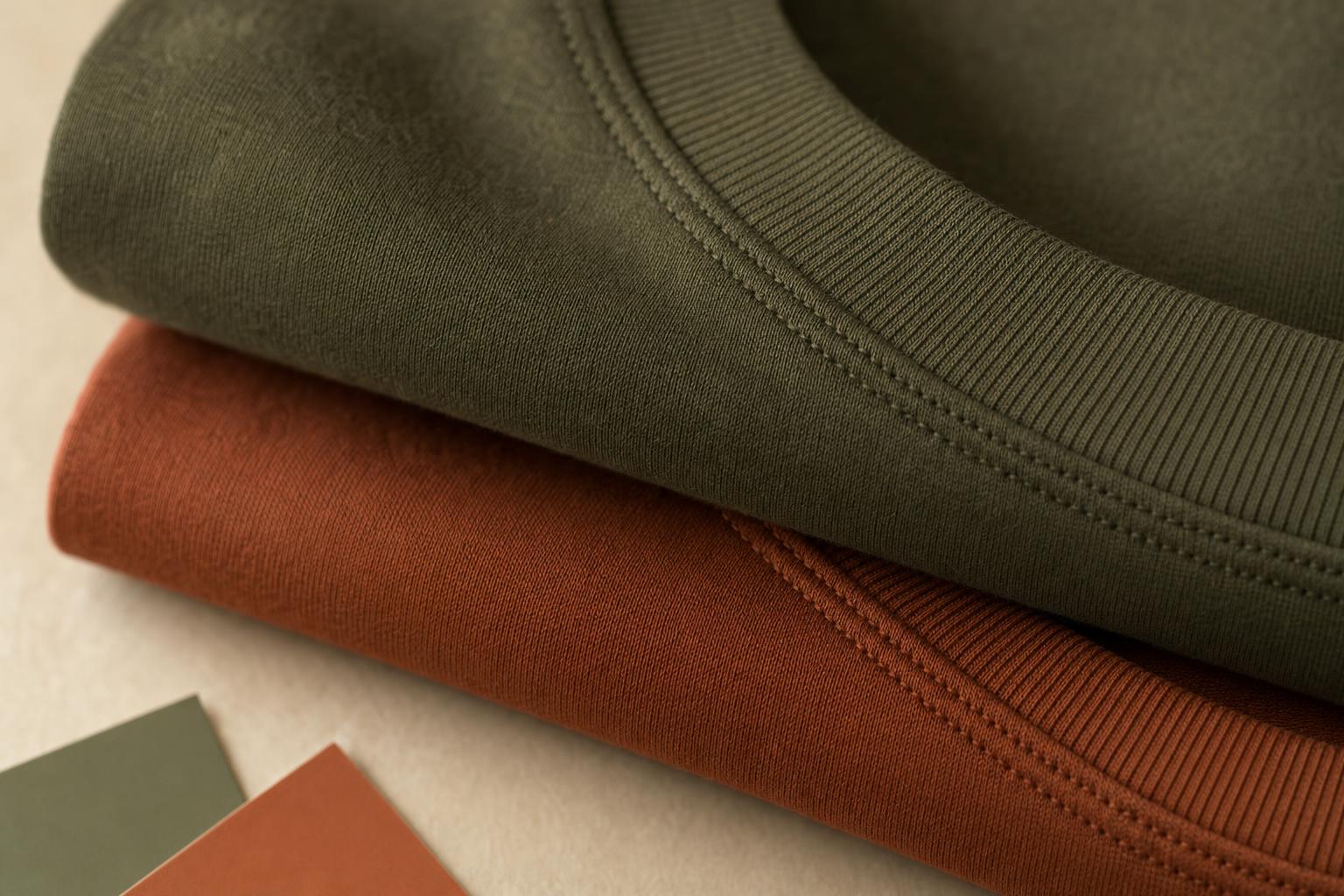 Macro detail of heavyweight cotton jersey, the knit and ribbed collar of folded olive and rust tees
